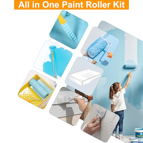 Leshein Paint Roller Kit with Extension Pole, Paint Brushes Set for Walls, Painting Supplies for Home Interior with Paint Brush, Paint Rollers, Paint Tray, Paint Tray Liner, Scraper etc.