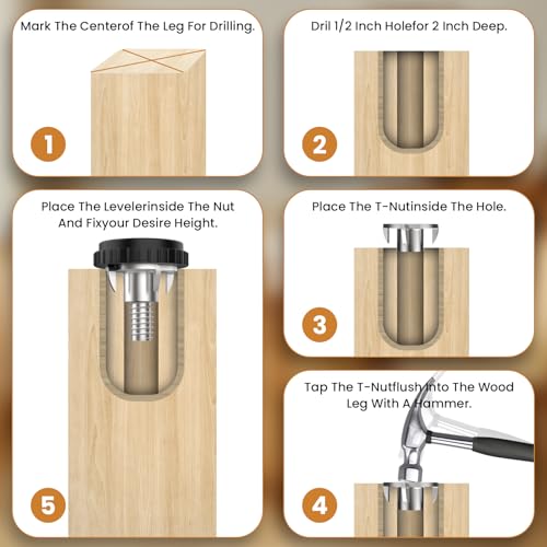 1/4" Furniture Leveling Feet with T-Nuts, 12 Pcs Stainless Steel Adjustable Leveling Feet, Screw on Table Leg Levelers for Table, Cabinets, Chairs, Stool Legs