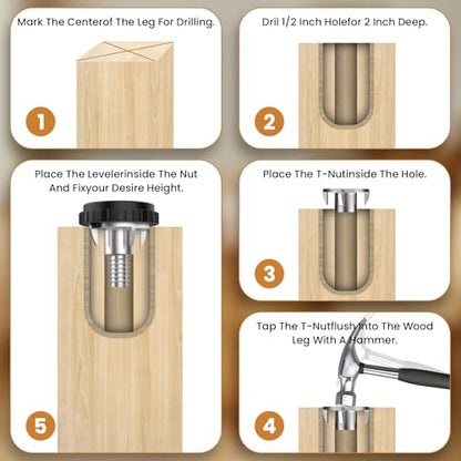 1/4" Furniture Leveling Feet with T-Nuts, 12 Pcs Stainless Steel Adjustable Leveling Feet, Screw on Table Leg Levelers for Table, Cabinets, Chairs, Stool Legs