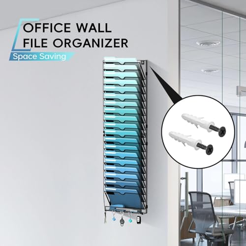 20-Tier Wall File Organizer with 5 Hooks, Hanging Mail Organizer Wall Mounted File Holder, Magazine Rack for Papers, Folders, Magazines, Office Organization, Assembly Needed, Black - size: 20 Tier-Black
