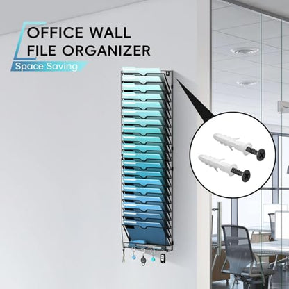 20-Tier Wall File Organizer with 5 Hooks, Hanging Mail Organizer Wall Mounted File Holder, Magazine Rack for Papers, Folders, Magazines, Office Organization, Assembly Needed, Black - size: 20 Tier-Black