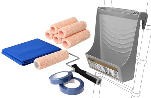 ROLLINGDOG Multifunctional Paint Roller Tray Set - Ladder Paint Tray,9 inch Paint Roller,Drop Cloth and Masking Taping(Pack of11) - color: Paint Roller Kit