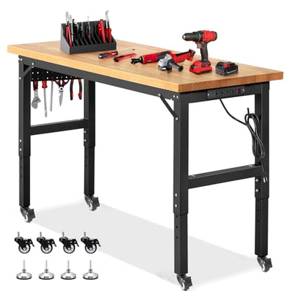 ENJOYWOOD 60" x 22" Heavy Duty Workbench with Wheels, Adjustable Height Garage Work Table with Solid Rubberwood Top, Pegboard & Power Outlets for Workshop, Home & Office - size: Large