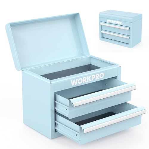 WORKPRO Mini Metal Tool Box with 2 Drawers and Top Storage, Small Tool Chest with PVC Liners and PP Feet Pads, Cold Rolled Steel Toolbox with Magnetic Tab - color: Macaron Blue