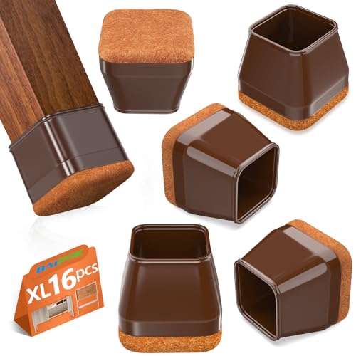 16Pcs Square Chair Leg Floor Protectors with Thickened Felt Pads Silicone Chair Leg Covers Caps to Protect Hardwood Tile Floors Furniture Feet Reduce Noise (Brown XL Fit 1.46"-1.77") - color: Brown, size: X-Large