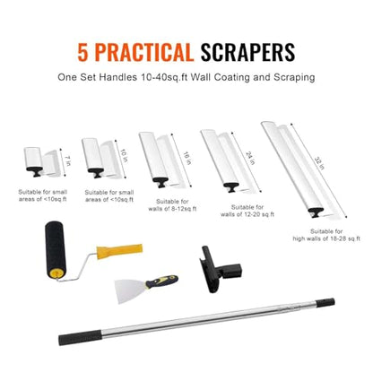 Drywall Skimming Blade Set, 7/10/14/16/24in Skim Coat Tools with Extension Pole, Stainless Steel Putty Knives for Gyprock, Plasterboard Wall Repair