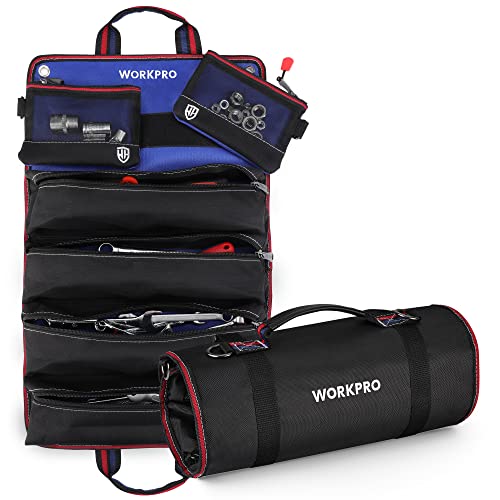 WORKPRO Roll Up Tool Bag, Tool Roll Up Bag with Detachable Tool Pouches, Heavy Duty Tool Bag Organizer with 6 Pockets, Tool Organizer for Mechanic, Electrician, Plumber and Carpenter - color: Black