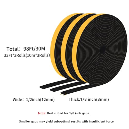 Strong Adhesive Insulation Tape, High Density Foam Weather Stripping Door Seal, Door Seal for Doors and Windows, Soundproof Weatherproof Foam Seal Tape, Noise Reduction(1/2 In x 1/8 In x 98Ft) - size: 1/2 In x 1/8 In x 98Ft