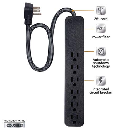 GE UltraPro 6 Outlet Surge Protector, 2 Ft Designer Braided Extension Cord, Flat Plug, Long Power Cord, Wall Mount, Black, 44070