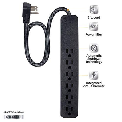 GE UltraPro 6 Outlet Surge Protector, 2 Ft Designer Braided Extension Cord, Flat Plug, Long Power Cord, Wall Mount, Black, 44070