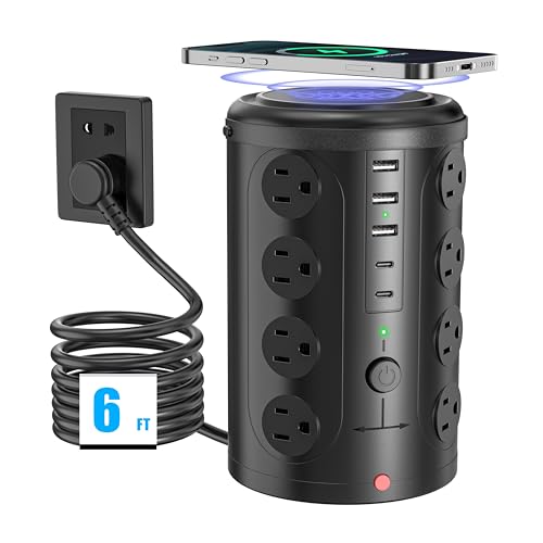 Surge Protector Power Strip - Desk Charging Station with 15W Wireless Charger, Multiple Outlets Charging Station with 16 2300J AC Outlets & 5 USB (2 USB C) Port, for Home, Office, Dorm Room - size: 6ft With Wireless Charger