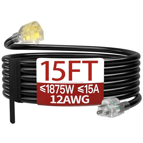 15 FT 12 Gauge Extension Cord Outdoor, Heavy Duty Weatherproof & Flame Retardant Black 3 Prong Power Cord with Light, Outside for Lawn & Garden, 15 Amps 1875 Watts 125 VAC 12AWG SJTW, ETL Listed - color: Black, size: 15FT, style: 12AWG