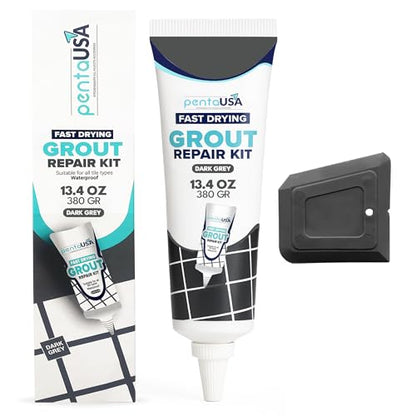 PentaUSA Tile Grout Repair Kit - Dark Gray Premixed Acrylic Sanded Grout, Water-Resistant Grout Filler for Bathroom&Shower, Kitchen Floor, Fast Drying, with Applicator, 13.4 oz (380g) - style: Dark Grey