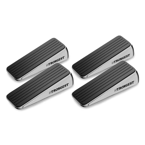 Strongest Home Heavy Duty Door Stopper Wedge (4 Chrome PCs) | Non-Slip Rubber and Metal Door Stop for Heavy Doors | Work on Wood, Tile, Carpet + 4 White Wall Protectors - color: Black Silver, size: 4 Pack