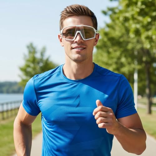 BangLong Photochromic Cycling glasses for Men Women, Clear Running MTB Sunglasses UV Protection - color: White Frame-photochromic