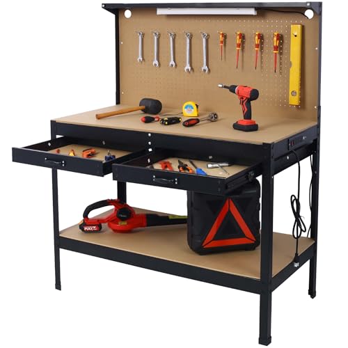 Majnesvon 47" Work Bench, 220 LBS Workbench with Drawers, Tool Bench with 10 Hanging Hooks & Peg Board, Work Benches for Garage (47 INCH) - size: 47 INCH