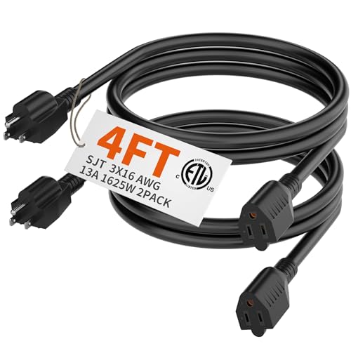 HUANCHAIN 4 FT（2 Pack） 16 Gauge Black Indoor Outdoor Extension Cord Waterproof, Flexible Cold Weather 3 Prong Electric Cord Outside, 13A 1625W 125V 16AWG SJTW, ETL Listed - color: Black, size: 4 Ft-2pcs, style: 16/3 Extension Cord