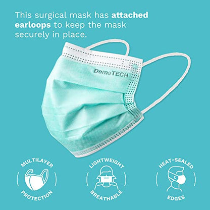 DEMETECH ASTM Level 3 Protective 3-Layer Face Mask, Ear-Loop Style, Adult Mask - color: Green - 50 Pack