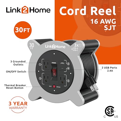 Link2Home Cord Reel 30 ft. Extension Cord 3 Power Outlets, 2 USB Ports A/C, 2.4A Fast Charge – 16 AWG SJT Cable.