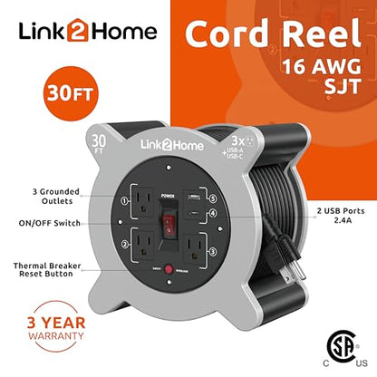 Link2Home Cord Reel 30 ft. Extension Cord 3 Power Outlets, 2 USB Ports A/C, 2.4A Fast Charge – 16 AWG SJT Cable.