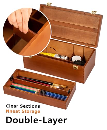 DJAR Artist Storage Box Beechwood Art Supply Organizer, Portable Large Sturdy Wood Tool Box, Walnut - color: Walnut