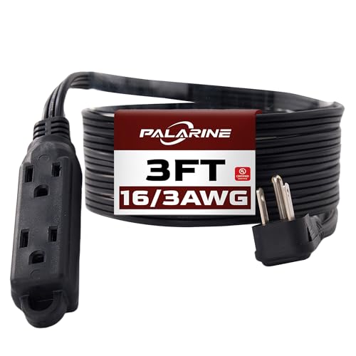 Flat Plug Extension Cord with 3 Outlets Extender, Indoor Extension Cord Power Strip, 16 Gauge 3FT Black 3 Prong, 16/3 SPT-3 13A, UL Listed - color: Black, size: 3 FT