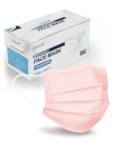 FriCARE Disposable Face Masks, 3-Ply ASTM Level 3 Medical Grade, FSA/HSA Eligible, Breathable & Comfortable for Allergy/Sun Protection, 50 Pack Pink - color: Pink
