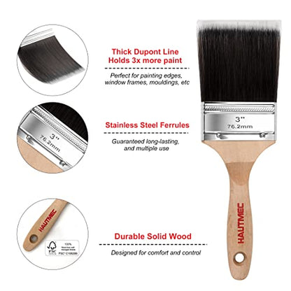 HAUTMEC 4-Pack Paint Brushes Decorating Set for Acrylic Painting, Walls, Trim, Cabinets, Furniture - Professional Flat & Angled Nylon/Polyester Brushes, Streak-Free Finish HT0029
