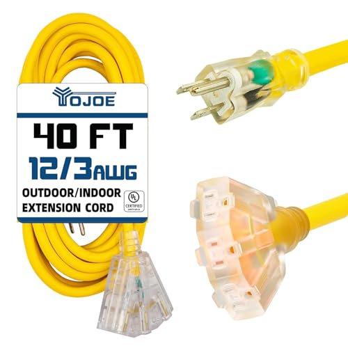 YOJOE 3-Outlets Indoor Outdoor Extension Cord with Lighted End, 3 Prong 15A Weatherproof Power Cord, 12 Gauge Heavy Duty 40 ft Yellow Extension Cord Multiple Outlets, 12/3 SJTW UL Listed - color: Yellow, size: 40 Foot