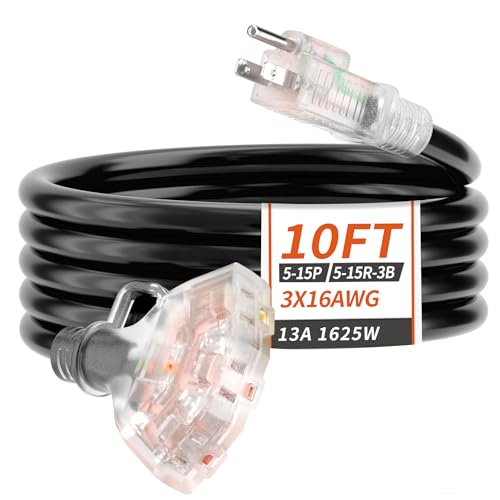 PlugSaf 10 FT 16/3 Gauge Outdoor Extension Cord with Multiple Outlets Light Indicator, Flexible 3 Outlet Weatherproof Extension Cord Waterproof Black, 13A 1625W 16AWG SJTW, ETL Listed - color: Black, size: 10FT