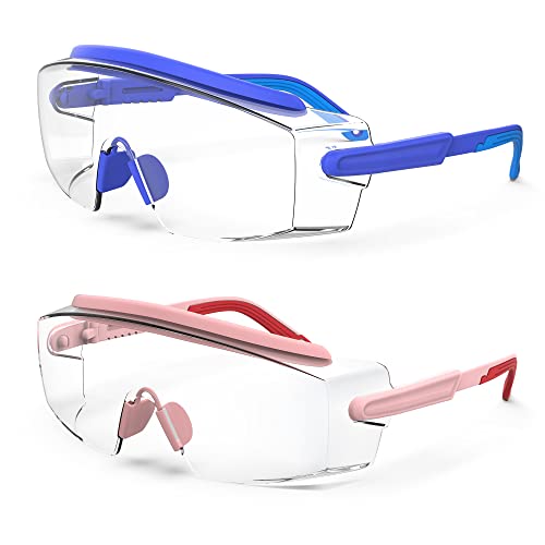 Anti Fog Safety Glasses Safety Goggles Over Glasses Protective Glasses with Anti Scratch Lenses Adjustable - color: 2 Pack (Blue + Pink)