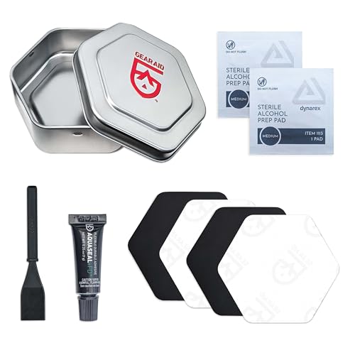 GEAR AID Aquaseal FD River & Sea Repair Kit – Waterproof 0.25 oz Adhesive with Four Tenacious Tape Hex Patches (2.5", Black and Clear) for Fixing Holes in Waders, Boots, Inflatables, and Outdoor Gear - size: 0.25 Fl Oz Deluxe (1 Pack)