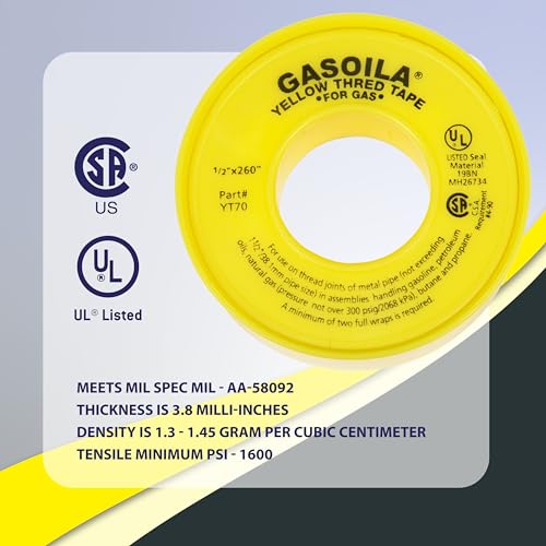 Gasoila Yellow PTFE Thread Seal Tape – Professional-Grade, 1/2 Inch x 260 Inch, High-Density Thread Tape for Gas Lines– Leak-Proof Seal, Non-Toxic - size: 1/2 Inch x 260 Inch Roll- 1 Pack
