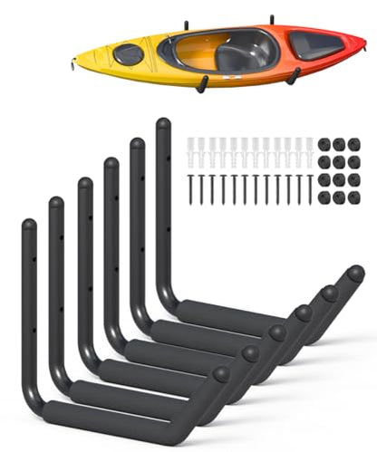 Heavy Duty Kayak Storage Rack with EVA Foam & Rubber Bushing, Wall Mount Kayak Hangers Large Hooks for Garage Hanger Canoe, Surfboard, Skiboard, Snowboard, Paddle Board, Ladders, Bike