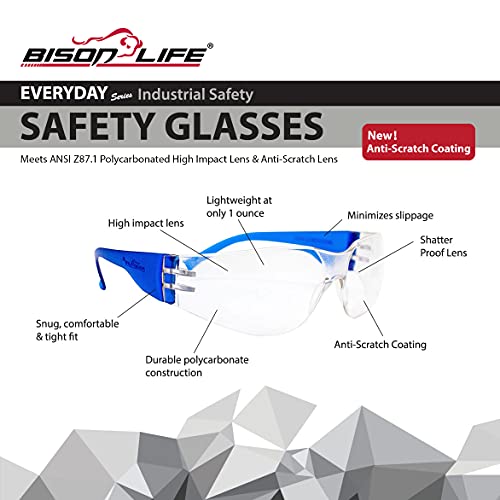 BISON LIFE Clear Safety Glasses – ANSI Z87.1 Scratch & Impact Resistant Wrap Around Eye Protection Goggles for Men & Women - color: Clear/Blue