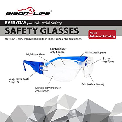 BISON LIFE Clear Safety Glasses – ANSI Z87.1 Scratch & Impact Resistant Wrap Around Eye Protection Goggles for Men & Women - color: Clear/Blue
