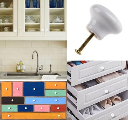 10x White Door Knob Cabinet Retro Round Ceramic Drawer Cupboard Kitchen Dresser Pull Handle Knobs 32mm/1.25" with 3-Sized Screws - size: 10 Pack