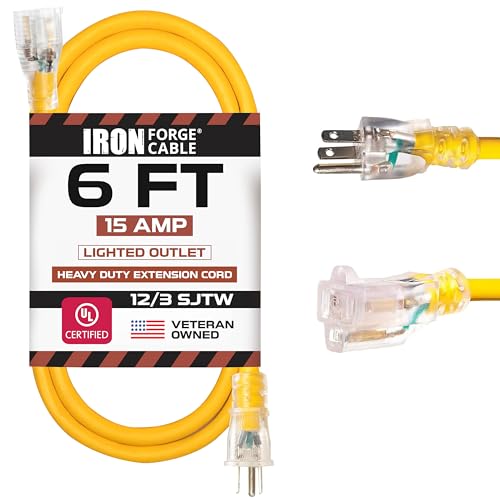 IRON FORGE CABLE 6 Foot Lighted Outdoor Extension Cord - 12/3 SJTW Heavy Duty Yellow Extension Cable with 3 Prong Grounded Plug for Safety, 15 AMP - Great for Garden and Major Appliances - size: 6ft