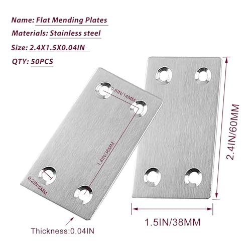 50PCS Silver Flat Mending Plates, 2.36” 304 Stainless Steel Brace Straight Mending Joining Plates，Metal Straight Brackets for Fastening and Fixing, Reinforced Furnitures,2.36X1.5X0.06IN - size: 2.36X1.5X0.06IN