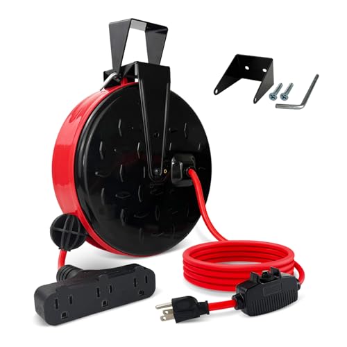 EP 30 Ft Retractable Extension Cord Reel, 16/3 SJTW Power Cord with 3 Electrical Outlets, Ceiling or Wall Mount, 10 Amp Circuit Breaker, Metal Plate, UL Listed, Red - color: Red&black