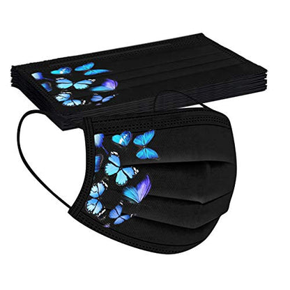 50Pcs Black Face Mask Adult Breathable Mask Butterfly Protective 3Ply Earloop Face Mask for Men Women