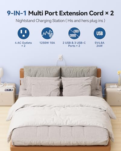 Split Extension Cord 20FT (10FT on Each Side), Single Flat Plug Twin Extension Cord with 4 AC Outlets, 2 USB-A & 3 USB-C(24W/4.8A), Nightstand Charging Station for Bedroom Dorm Room Home, His and Hers - size: 10ft