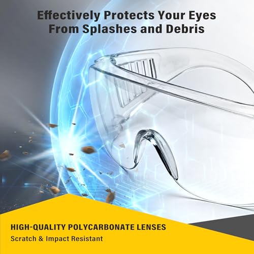 6 Pack Clear Safety Glasses Over Eyeglasses, ANSI Z87.1 Impact Resistant Polycarbonate Lens, Safety Goggles Over Glasses, Protective Eyewear for Lab, Construction, Outdoor Work