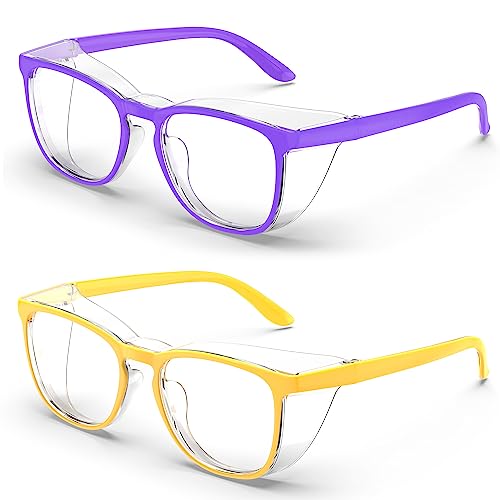 Stylish Safety Glasses, Clear Anti-Fog Anti-Scratch Protective Glasses For Men And Women - color: Violet Colour+lemon Yellow（2 Pack）
