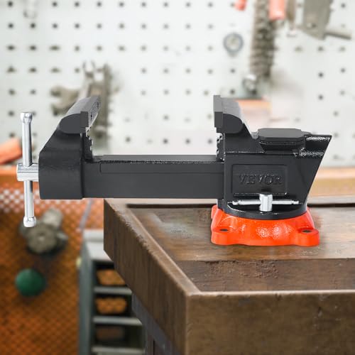 VEVOR Bench Vise, 5" Jaw Width, 5" Max Jaw Opening Multipurpose Vise with 360° Swivel Locking Base, 2.8" Throat Depth, Heavy Duty Ductile Iron Workbench Vise with Anvil, for Clamping Round Pipes - size: 5-inch