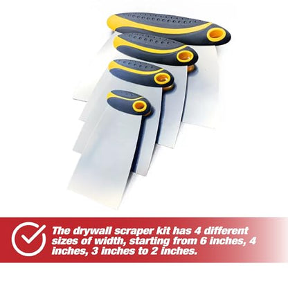 4-Piece Set of Stainless Steel Body Filler and Putty Spreaders/Scraper Set with Handles - Sizes: 2", 3", 4" and 6" | Repairing Drywall, Removing Wallpaper, Applying Putty, Plaster, Cement, Adhesive