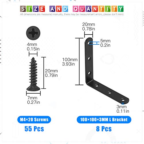 Glarks 63pcs 100 x 100 x 3mm Black L Bracket Corner Braces Kit, Includes 8pcs Stainless Steel Right Angle Bracket, 55pcs M4 x 20mm Screws, L Corner Braces for Wood Furniture, Bedframe, Cabinet - size: 100x100x3mm