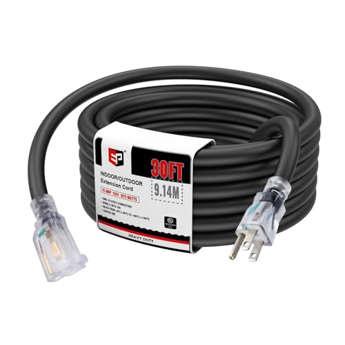 EP 30 Ft Lighted Outdoor Extension Cord - 10/3 SJTW Heavy Duty Black Extension Cable with 3 Prong Grounded Plug for Safety, UL Listed - color: Black, size: 30ft