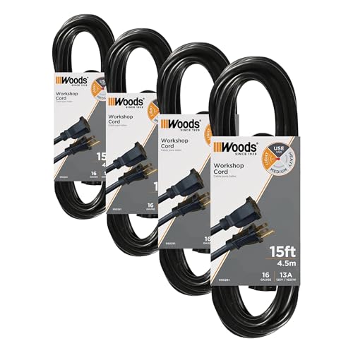 Woods Extension Cord | 15 Foot | Black | Pack of 4 - size: 15 Ft (Pack of 4)