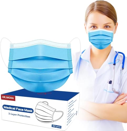DR.MOXA 50 Pack Disposable Face Masks, Medical Grade 3 Ply Masks for Protection Blue - style: 50 Pcs